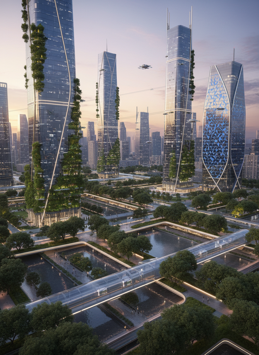 A sleek, ultra-modern urban skyline at dusk, photographed from an elevated vantage point, with glass-clad high-rise buildings covered in vertical forests and smart solar facades. On the rooftops, geometric arrays of solar panels and small wind turbines glint in the fading golden light. Between the towers, elevated parks with dense trees and reflective water channels weave through the city, illuminated by subtle, energy-efficient pathway lighting. The scene is captured with photographic realism, deep depth of field, and a wide-angle lens that emphasizes scale and ambition. The atmosphere feels clean, visionary, and dynamic, illustrating how technology and nature can coexist in a circular, low-carbon city of the near future.