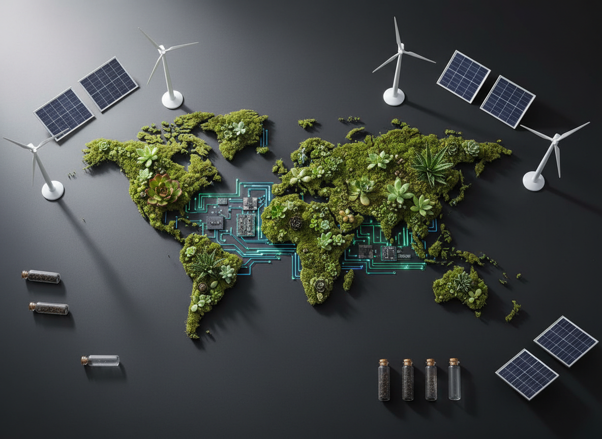 A high-resolution overhead photographic image of a vibrant, detailed world map made from lush green moss, tiny succulents, and fragments of recycled circuit boards, laid out on a matte charcoal tabletop. Around the map, neatly arranged solar cells, miniature wind turbine models, and glass vials of soil and water samples suggest cutting-edge sustainability research. Soft, diffused daylight from an unseen window creates gentle, natural highlights and subtle shadows, emphasizing textures of foliage and technology. The composition follows the rule of thirds with sharp focus throughout, conveying a calm, professional atmosphere. The mood is optimistic and forward-looking, symbolizing global action and the fusion of conservation and innovation in engineering a sustainable future.