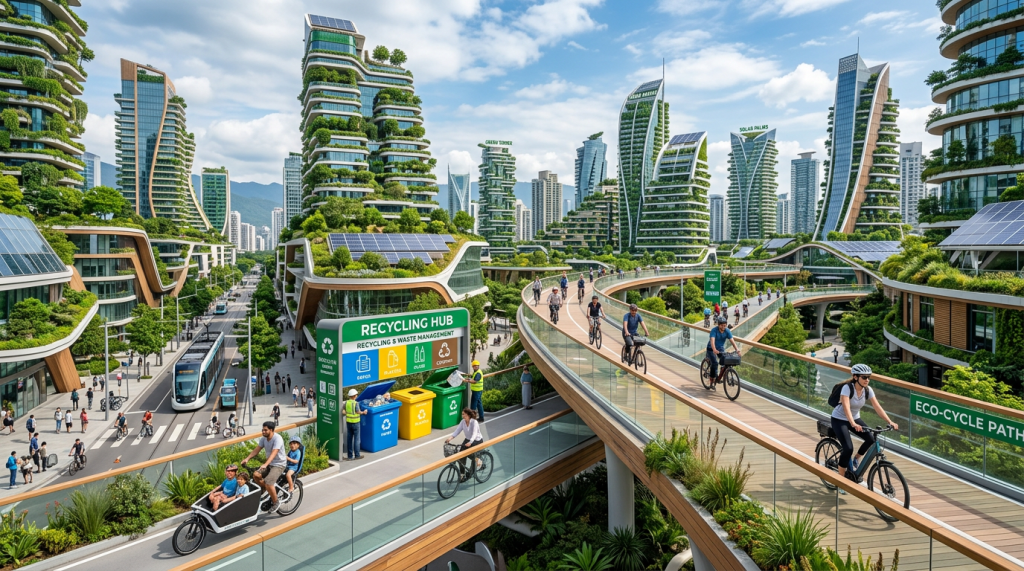 Futuristic city with vertical gardens, solar panels, and an elevated bicycle path